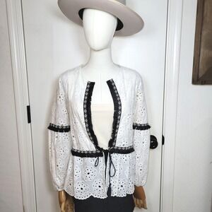 ZARA Boho Eyelet Cotton Blouse with Fringe & Tassel Tie Size Large Festival Top